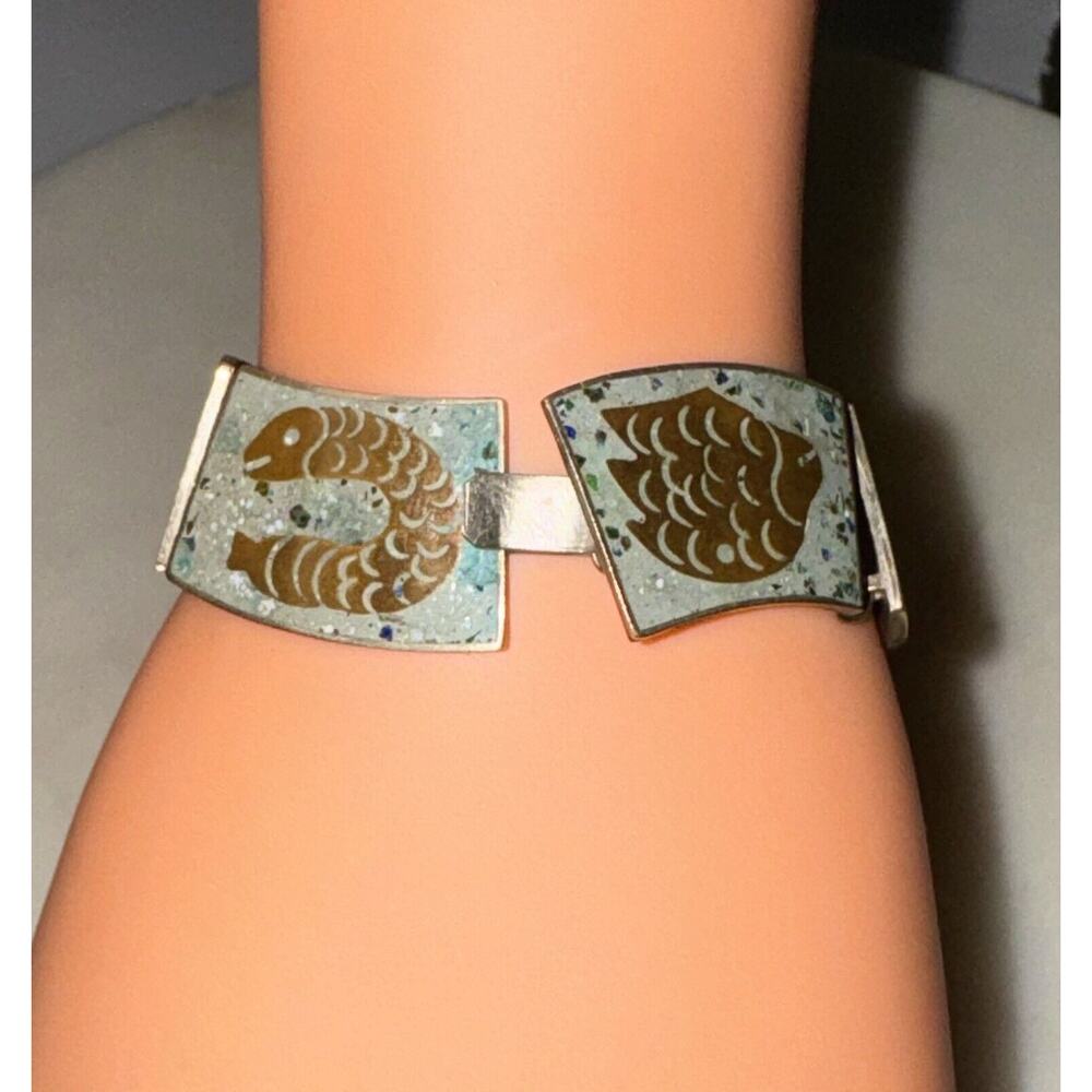 Vintage Sterling Silver Brass Turquoise Inlay Panel Bracelet Hencho En Mexico - Picture 4 of 14